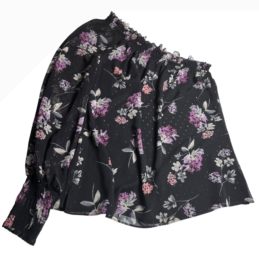 White House Black Market Womens Medium Black Floral One Shoulder Clip Dot Blouse